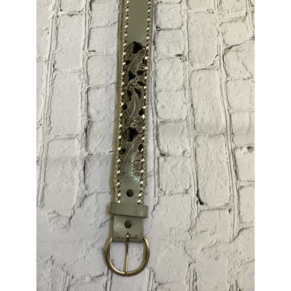 Vintage Wilson Leather Grey Floral Embossed Western Belt Made in USA Size 34